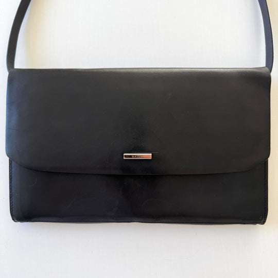 BALLY Black Leather Double Pocket Flap Shoulder Bag