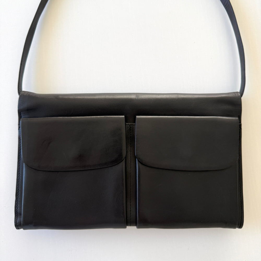 BALLY Black Leather Double Pocket Flap Shoulder Bag