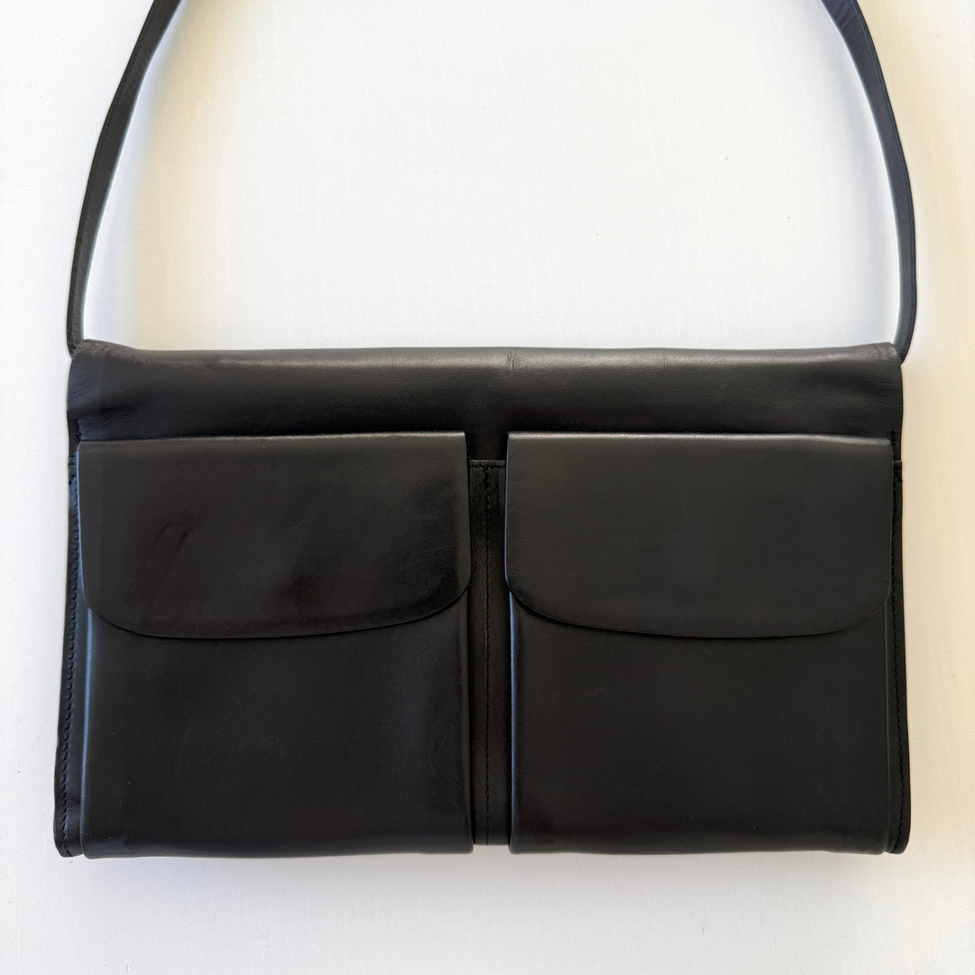 BALLY Black Leather Double Pocket Flap Shoulder Bag