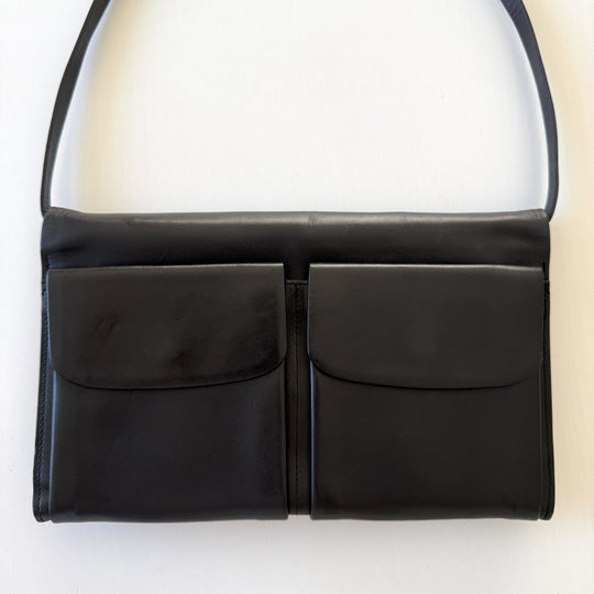 BALLY Black Leather Double Pocket Flap Shoulder Bag