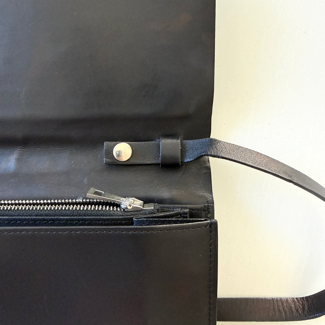 BALLY Black Leather Double Pocket Flap Shoulder Bag