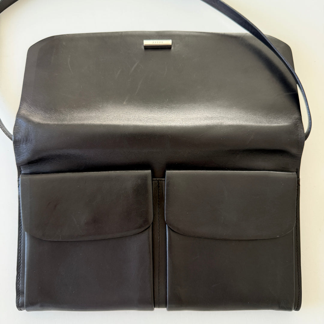 BALLY Black Leather Double Pocket Flap Shoulder Bag