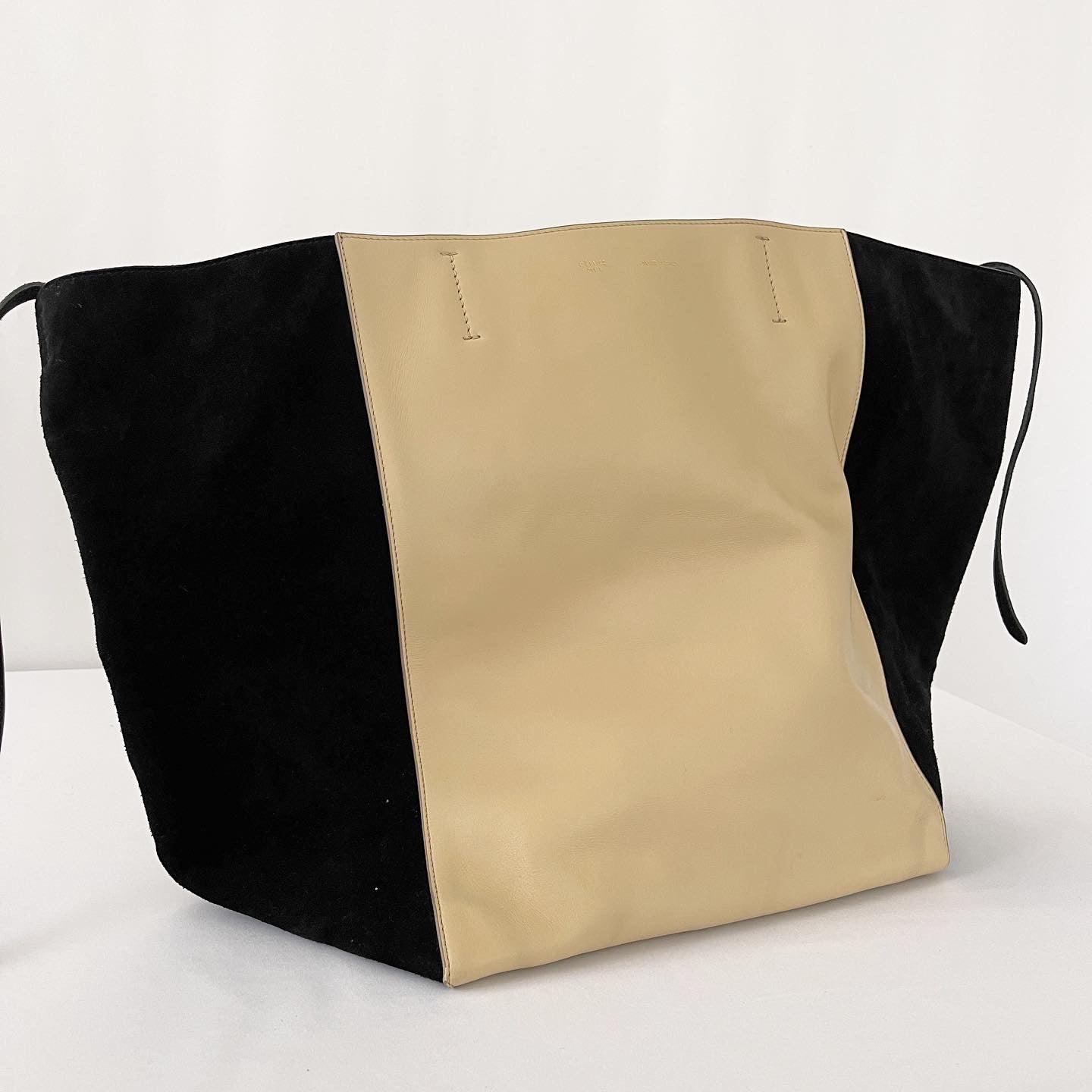 CELINE - CELINE Beige Leather and Black Suede Horizontal Phantom Cabas Tote Bag - AVVIIVVA.COM