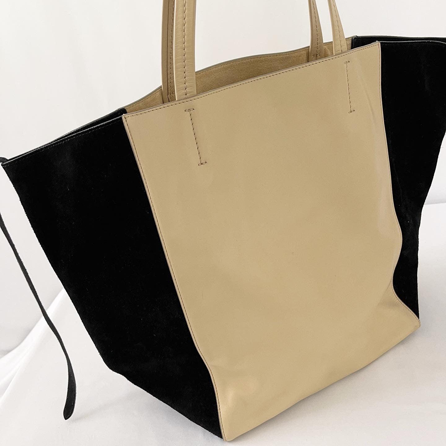 CELINE - CELINE Beige Leather and Black Suede Horizontal Phantom Cabas Tote Bag - AVVIIVVA.COM