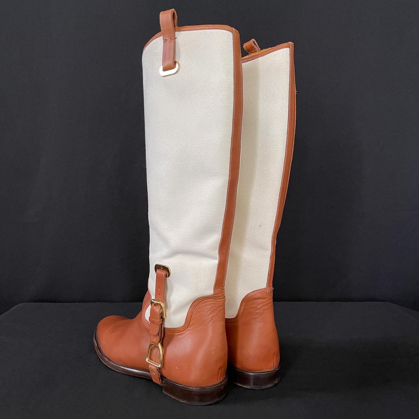 RALPH LAUREN - RALPH LAUREN Tan/White Canvas and Leather Riding Knee High Boots - AVVIIVVA.COM